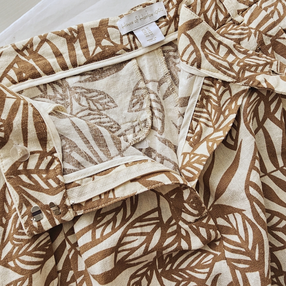 House of Harlow 1960 Cream | Tan Leaf Print Linen Pleated Straight Pants 10 - Picture 5 of 7